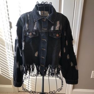 Black distressed denim cropped jacket